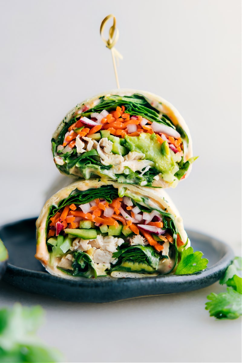 Up-close image of Thai Chicken Wraps ready to be enjoyed