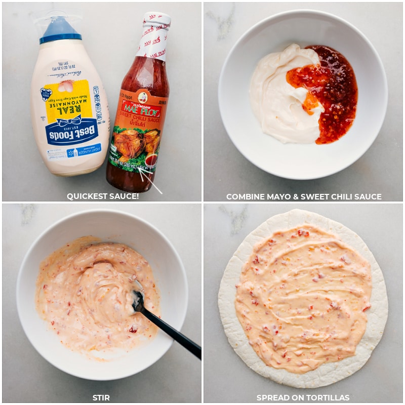 Process shots-- images of the mayo and sweet chili sauce being combined and spread on a tortilla