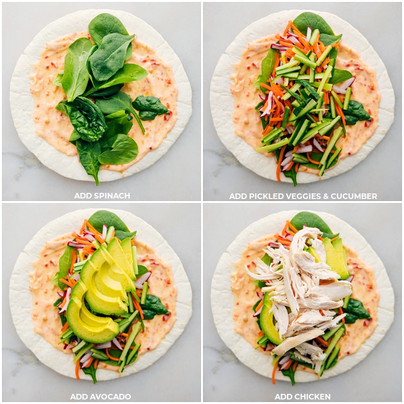 Process shots of Thai Chicken Wraps-- images of the spinach, pickled veggies, cucumbers, avocado, and chicken being layered in the wraps