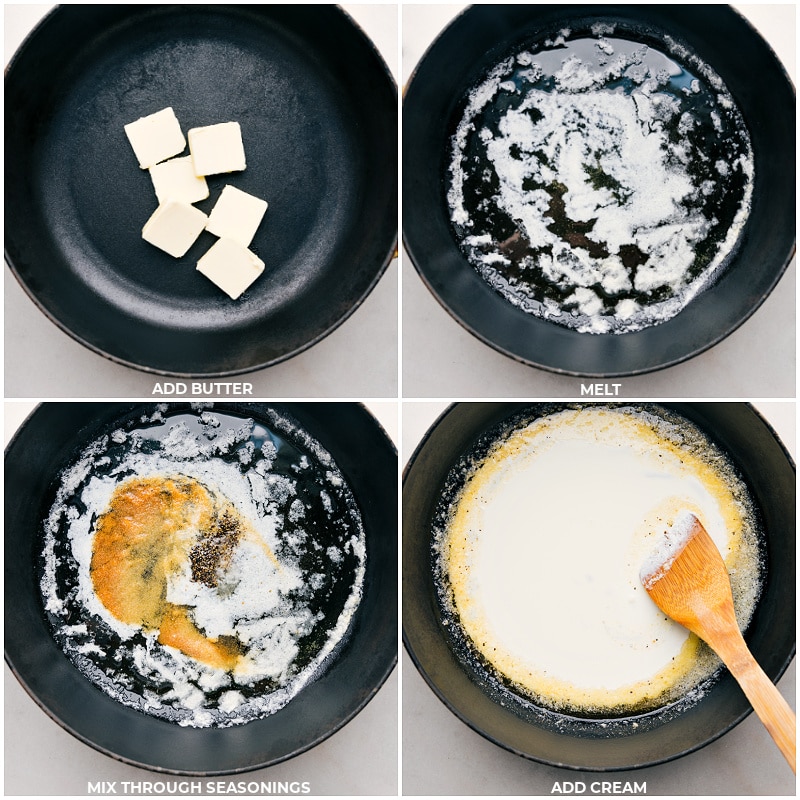 Process shots-- images of the butter, seasonings, and cream all being cooked in a pot