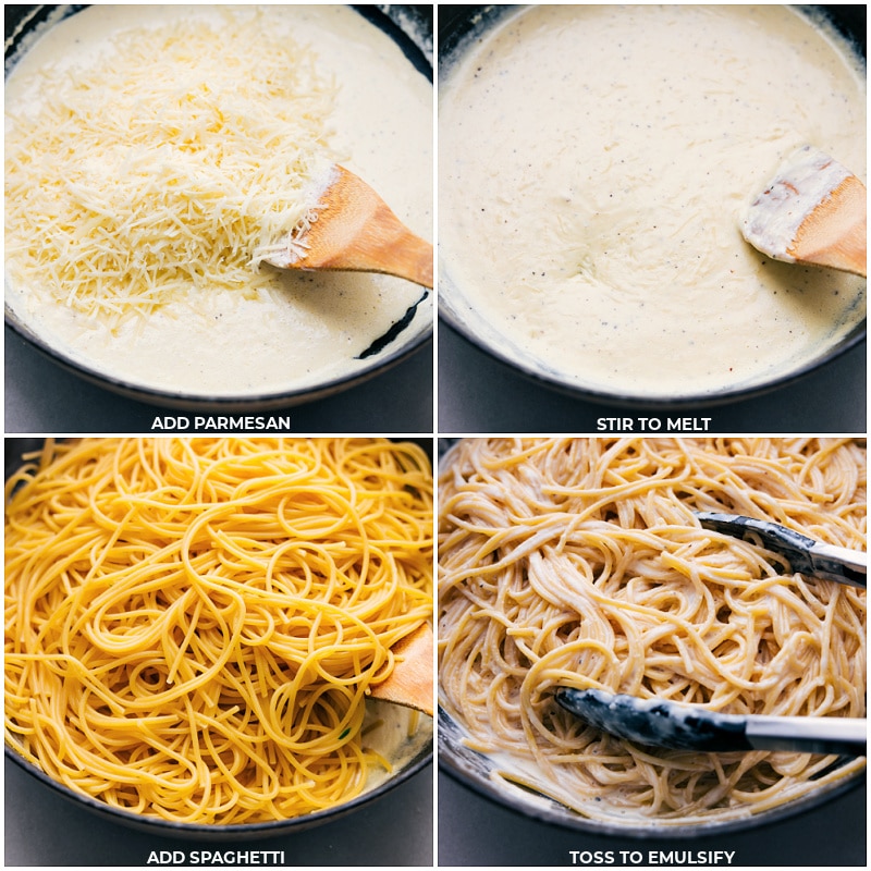 Process shots of TikTok Spaghetti--images of the Parmesan and spaghetti being added to the pot