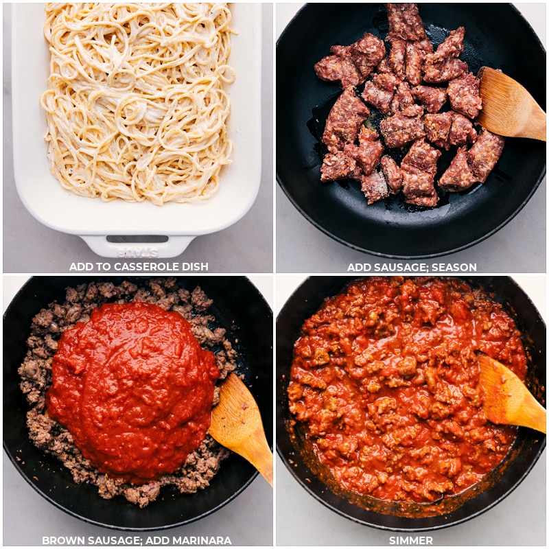Process shots-- images o the sausage being cooked and the marinara sauce being added to it