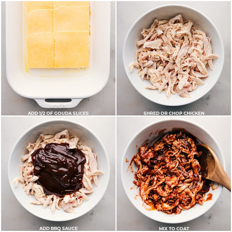 Process shots: Add slices of cheese to the buns. Shred the chicken, add BBQ sauce and mix to coat.