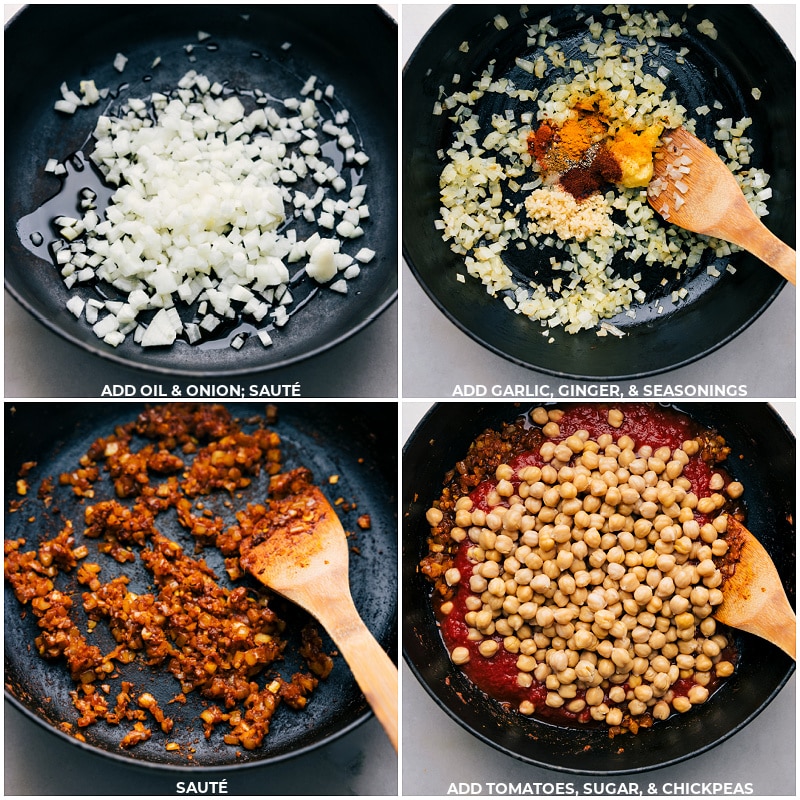 Process shots of Butter Chickpeas-- images of the onion, garlic, ginger, seasonings, tomatoes, sugar, and chickpeas being added to the pot
