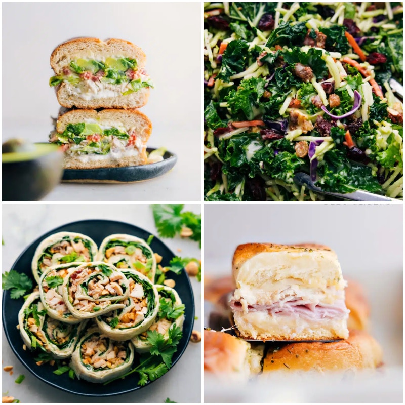 Image of the caesar sandwiches, kale salad, thai pinwheels, and chicken cordon bleu sliders