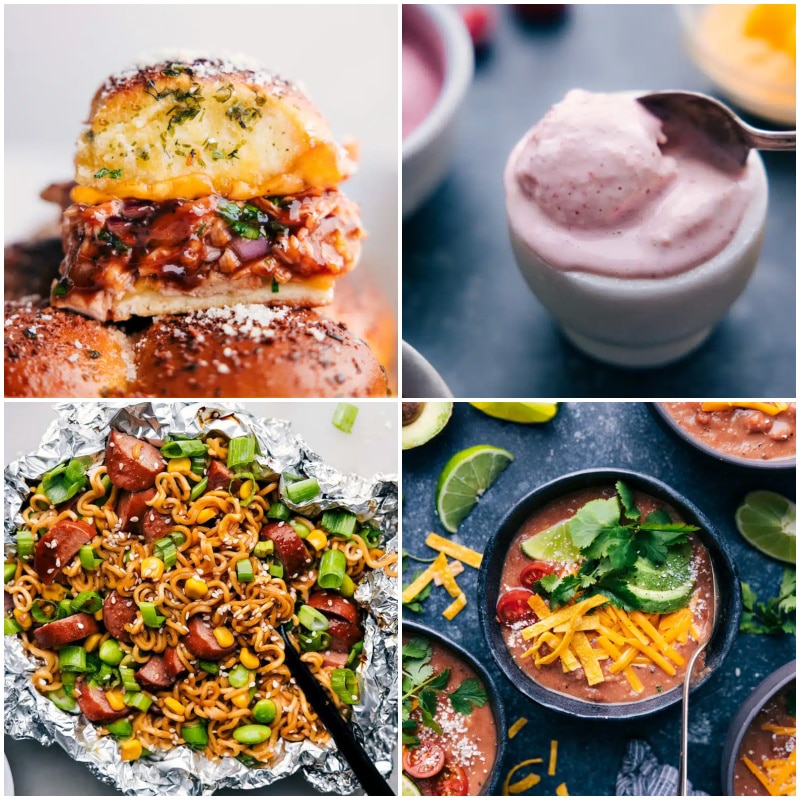 Back To School Lifesavers: images of the BBQ Chicken Sliders, Frozen Yogurt, Foil Pack Ramen Noodles, and Pinto Bean Soup