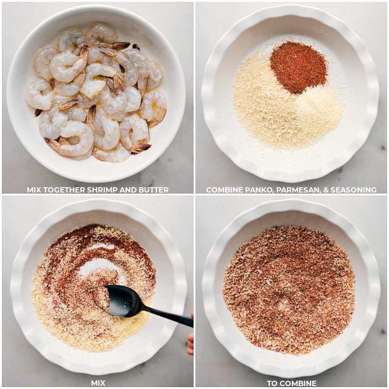 Process shots: mix shrimp and butter together; combine Parmesan and seasonings; mix to combine.