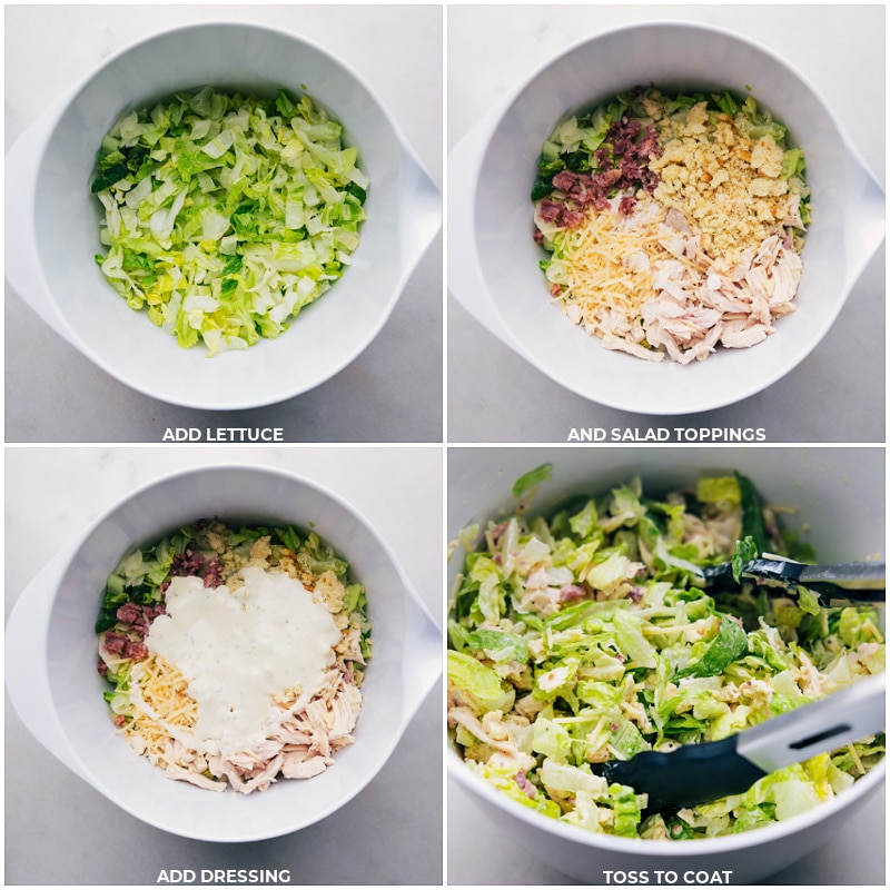 Process shots of Chicken Caesar Sandwich-- images of the lettuce, salad toppings, and dressing all being combined