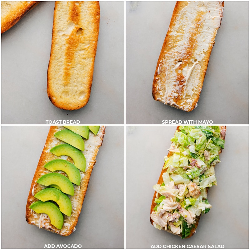 Process shots-- images of the bread being toasted, mayo being spread, avocado being added on top and then the Chicken Caesar Salad