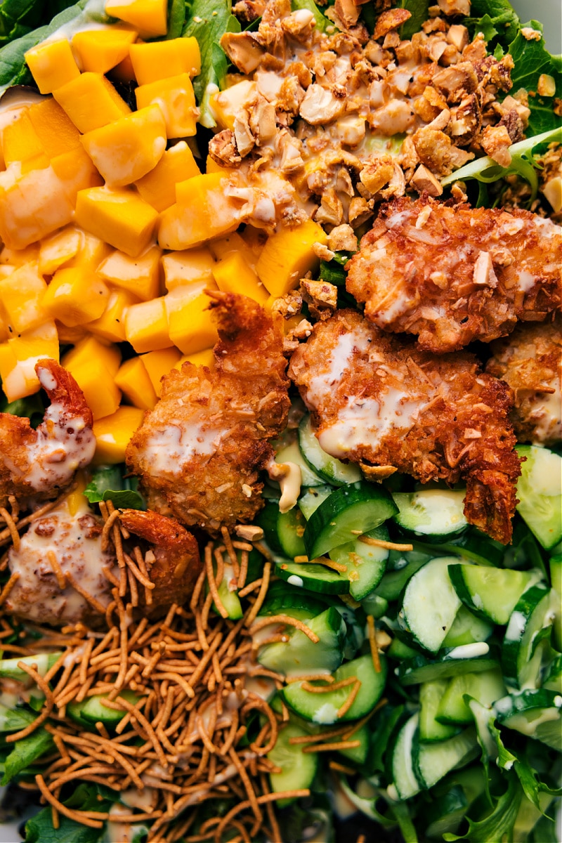 Closeup overhead view of Coconut Shrimp Salad.