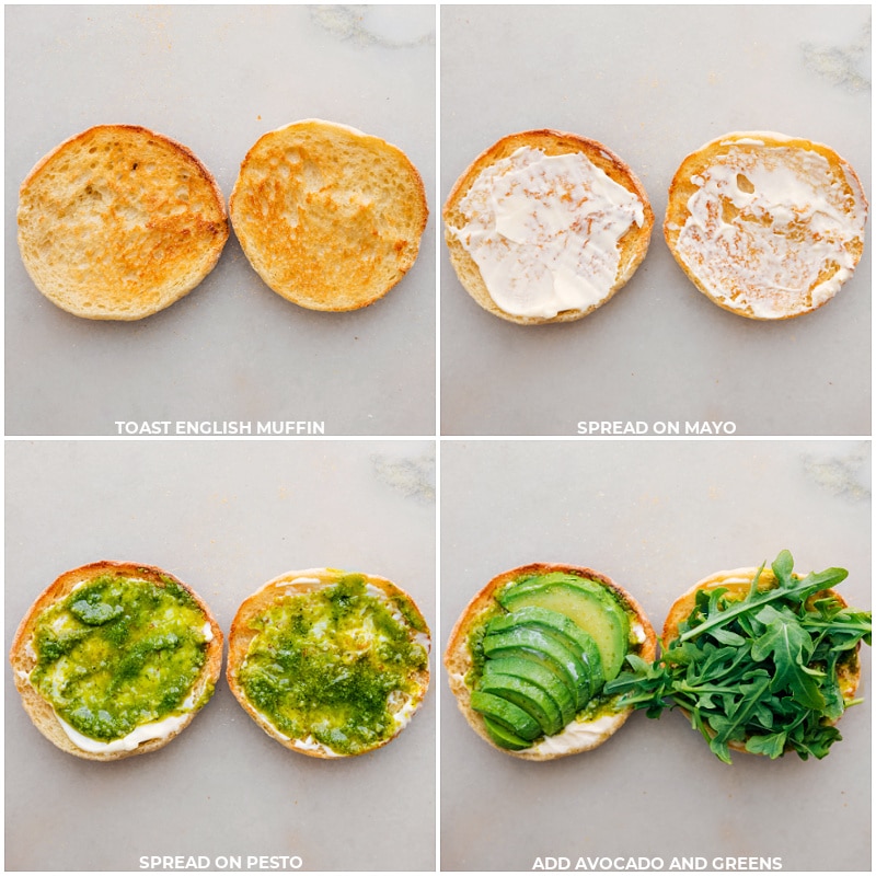 Process shots of English Muffin Sandwich-- images of the English muffins being. toasted then mayo and pesto being spread on the muffins and finally avocado and greens being added on top.