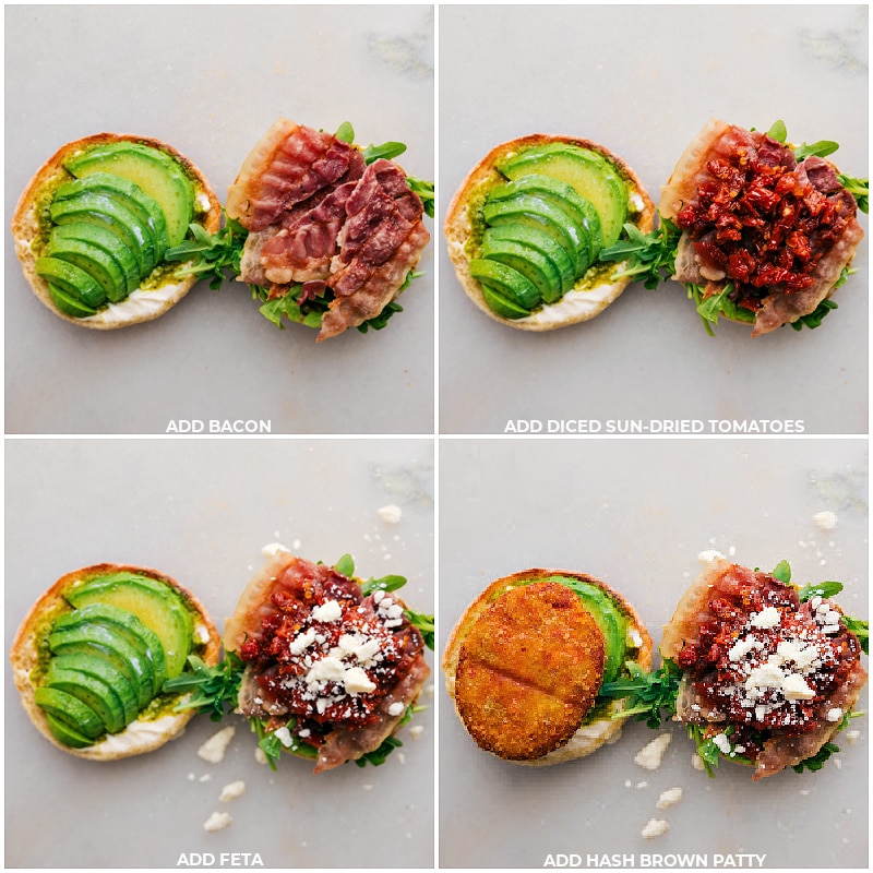 Process shots-- images of bacon, sun-dried tomatoes, feta, and hash brown patty being added on top of the greens