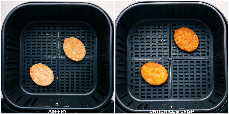 Images of the sweet potato hash browns, before and after air frying.