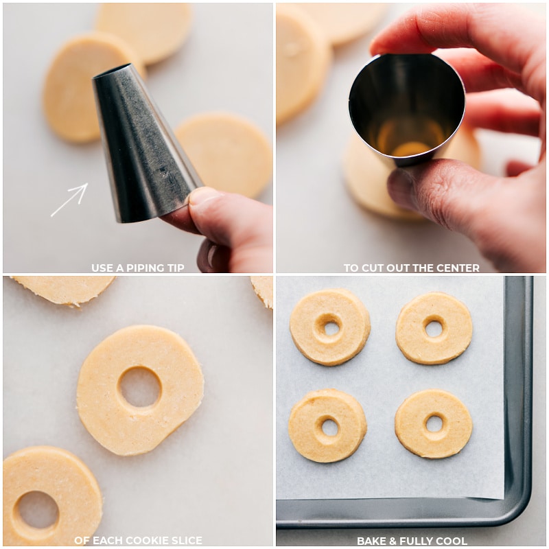 Process shots of Fudge-Striped Cookies-- images of the center of each dough ball being cut