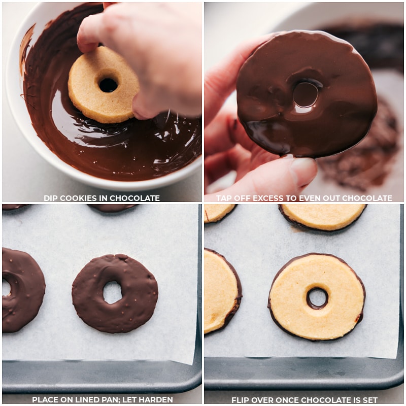 Process shots-- images of the baked cookies being dipped in chocolate