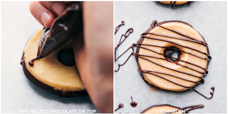 Process shots of Fudge-Striped Cookies-- images of the chocolate being drizzled over the cookies