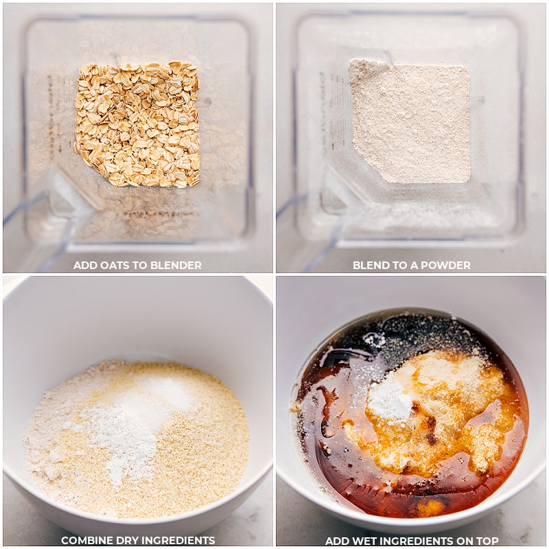 Process shots-- images of the oats being blended and added to a bowl along with all the dry ingredients and the wet ingredients being added on top