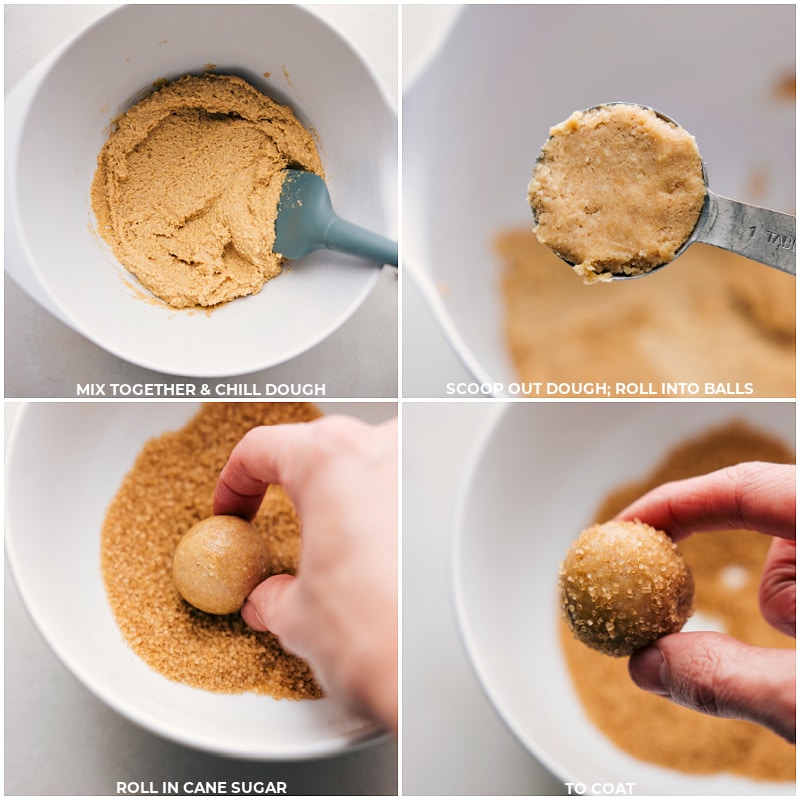 Process shots of Healthy Sugar Cookies-- images of the dough being chilled and rolled into balls