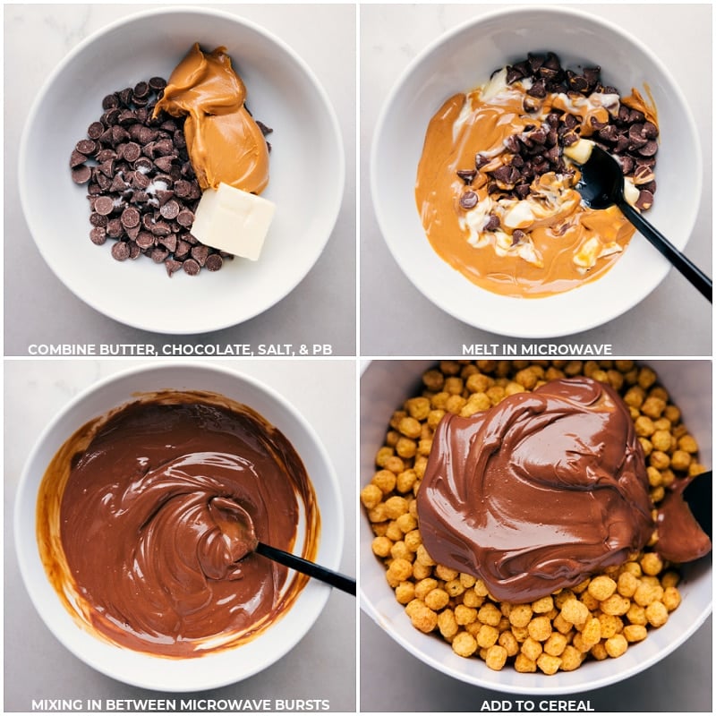 Process shots-- images of the chocolate, peanut butter, and salt being melted together and then poured over the cereal 