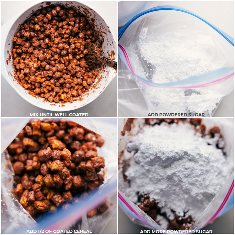 Ingredient shot-- image of the cereal being well coated with chocolate and then poured into a bag with powdered sugar