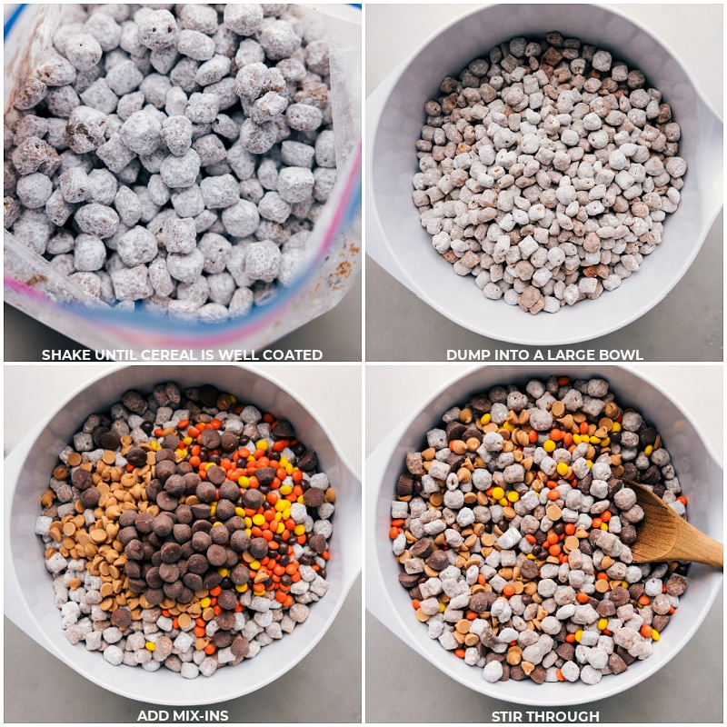 Process shots of Peanut Butter Puppy Chow-- images of the mix-ins being added and it all being tossed together