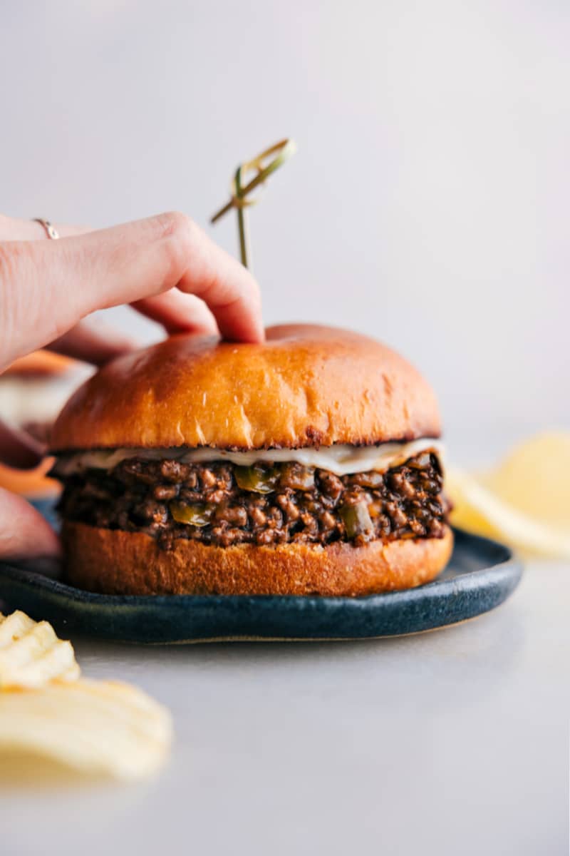 Image of Philly Cheesesteak Sloppy Joes on a plate ready to be enjoyed