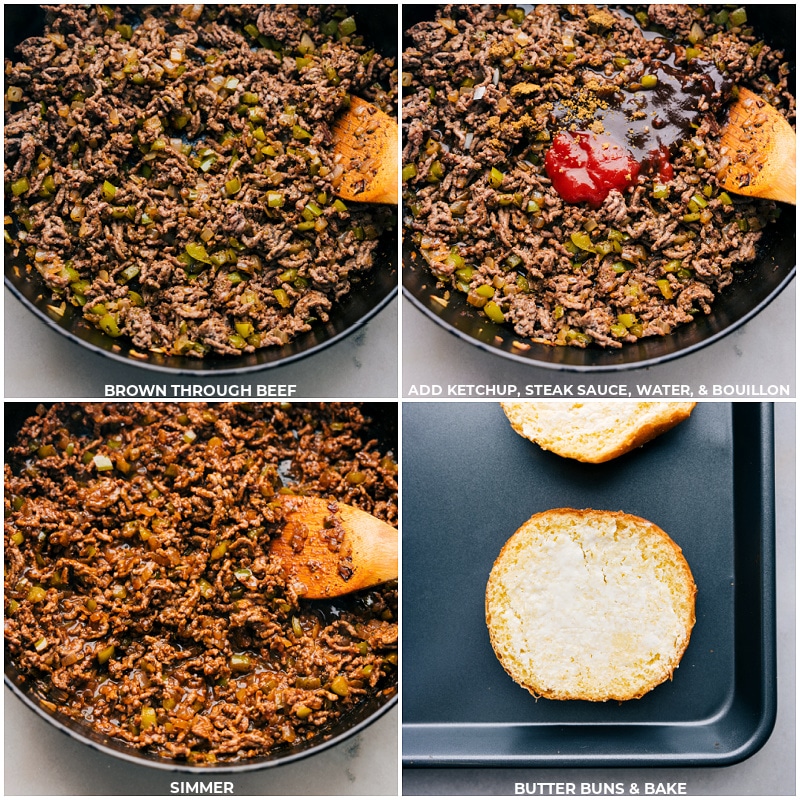 Process shots-- images of the ketchup, steak sauce, water, and bouillon being added to the beef. Then the buns being buttered and browned in the oven.