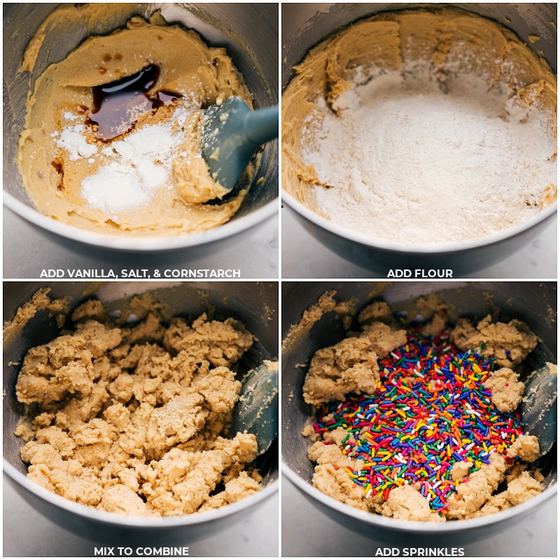 Process shots of slice and bake cookies-- images of the vanilla, salt, cornstarch, and sprinkles being added to the dough