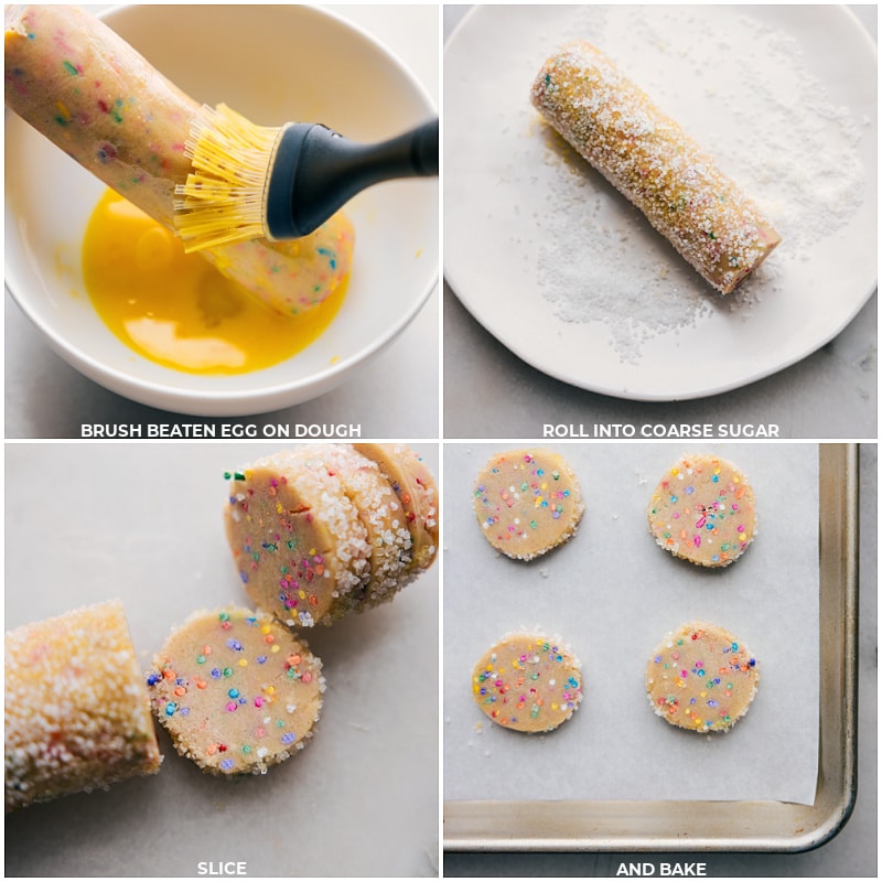 Process shots of slice and bake cookies- images of the dough log being brushed with egg and then rolled in coarse sugar and sliced into thin disc to be baked