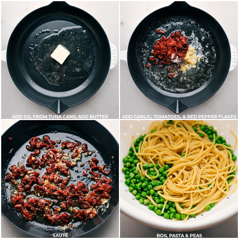 A skillet being heated with oil and butter, with garlic, tomatoes, and red pepper flakes being sautéed, alongside a pot of boiling noodles and peas.