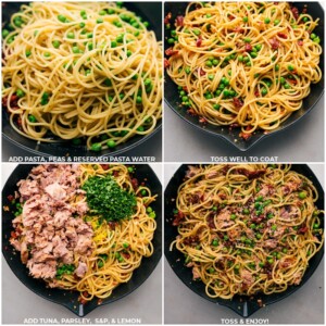 Combining cooked pasta and peas with pasta water in a pan, tossing to coat, then adding tuna, parsley, salt, pepper, and lemon, completing the healthy tuna pasta salad recipe.