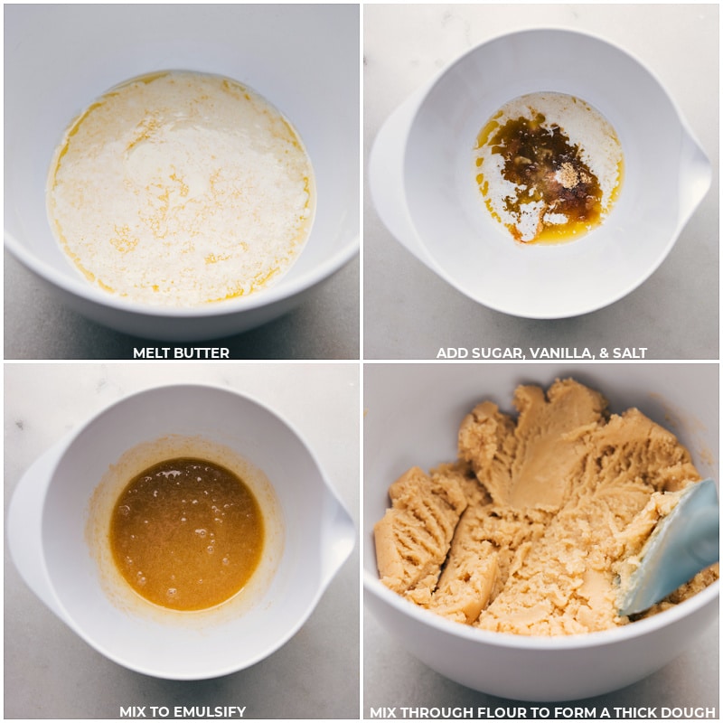 Process shots--images of the butter, sugar, vanilla, salt, and flour all being mixed together