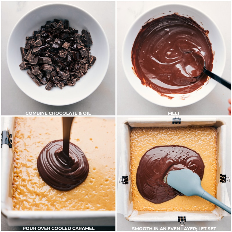 Process shots-- images of the melted chocolate being layered over the caramel layer
