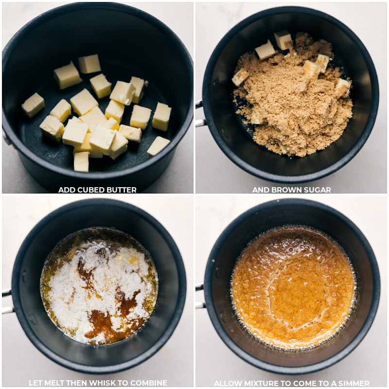 Process shots of the caramel layer being made-- images of the butter and brown sugar being mixed together and simmered