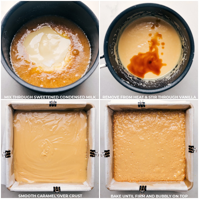 Process shots of Twix Bars-- images of the sweetened condensed milk and vanilla being added and it all being layered on the shortbread layer and baked