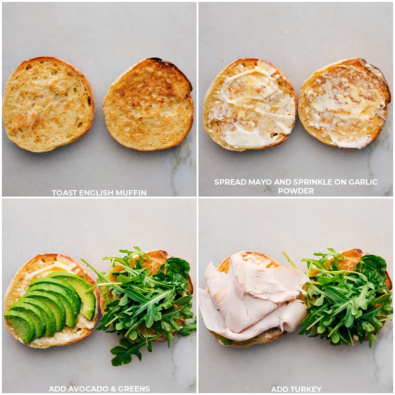 Process shots: toast the English muffins; spread with mayo and garlic powder; add avocado and greens; top with turkey.