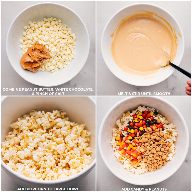 Process shots: Combine peanut butter, chocolate and salt; melt and stir; ad popcorn to a large bowl; add candy and peanuts.