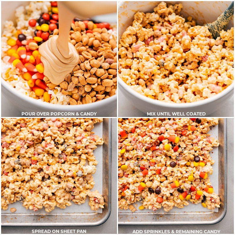 Process shots: Pour melted mixture over popcorn and candy; mix until well coated; spread on a sheet pan; add sprinkles and remaining candy.
