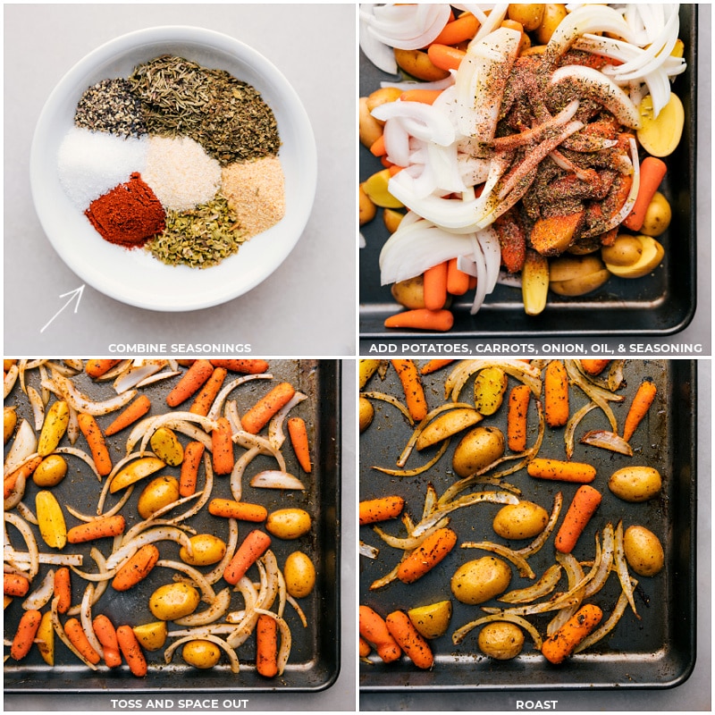 Process shots-- images of the seasonings being tossed with the potatoes, carrots and onions on a sheet pan