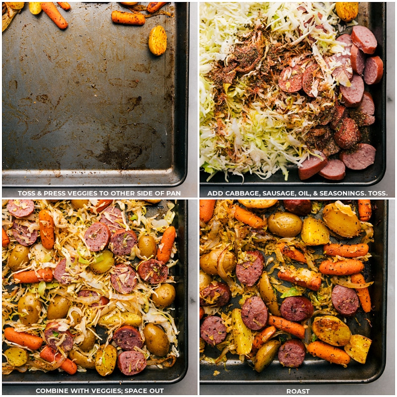 Process shots of Cabbage, Potatoes, and Sausage-- images of the cabbage, sausage, oil, and seasonings all being tossed on the other half of the sheet pan