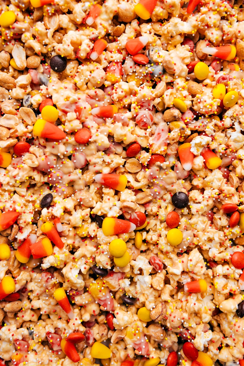 Overhead view of a pan full of Candy Corn Popcorn
