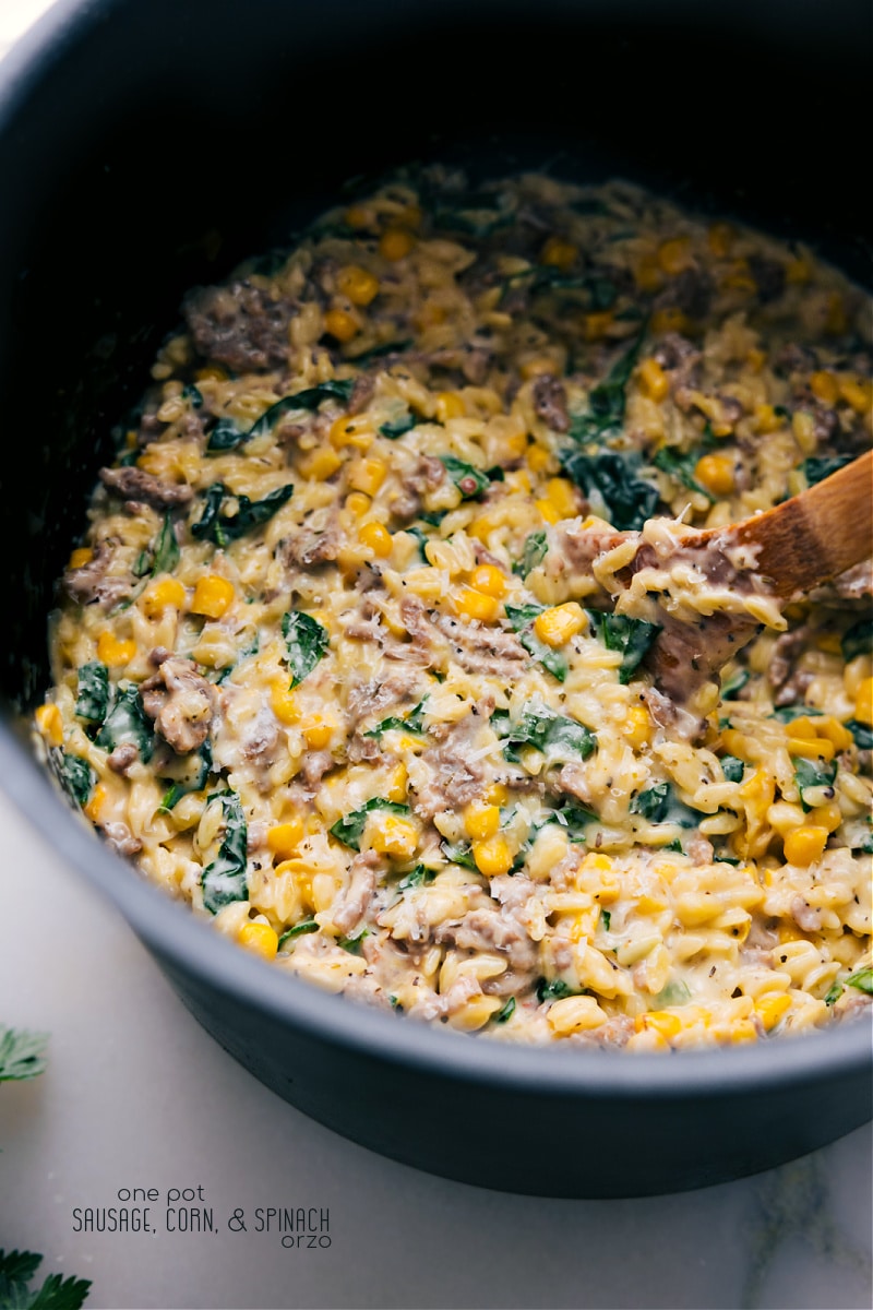 Overhead image of the Sausage, Corn, and Spinach Orzo