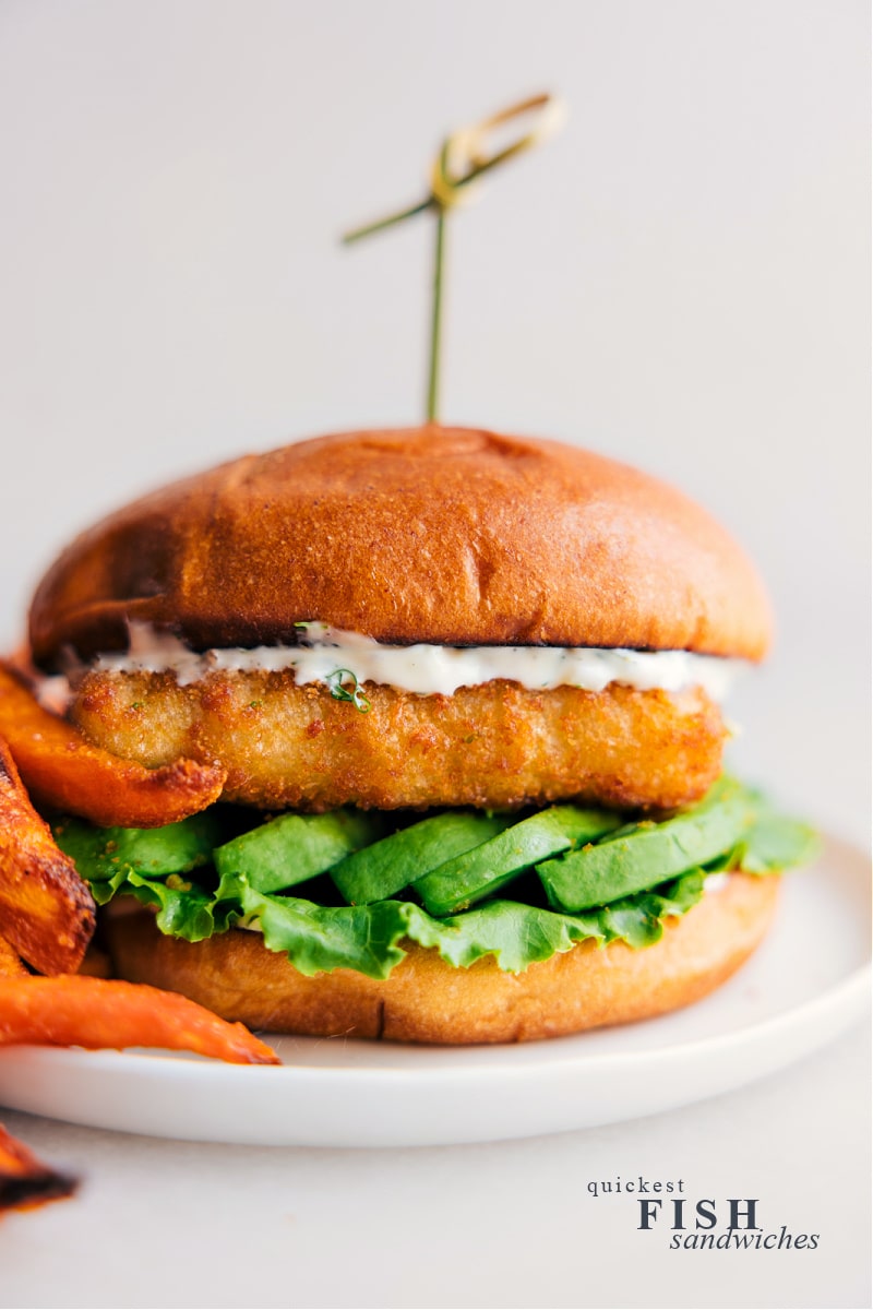 View of the quickest Fish Sandwich, complete with bun and toppings.