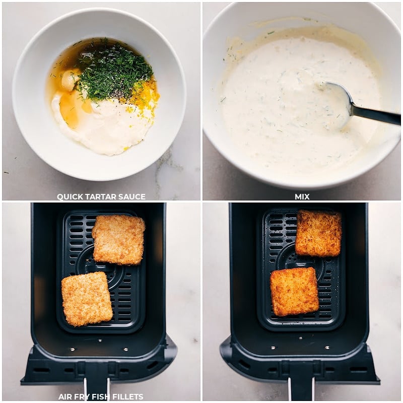 Process shots: Combine tartar sauce ingredients and mix; fry fish fillets in the air fryer.