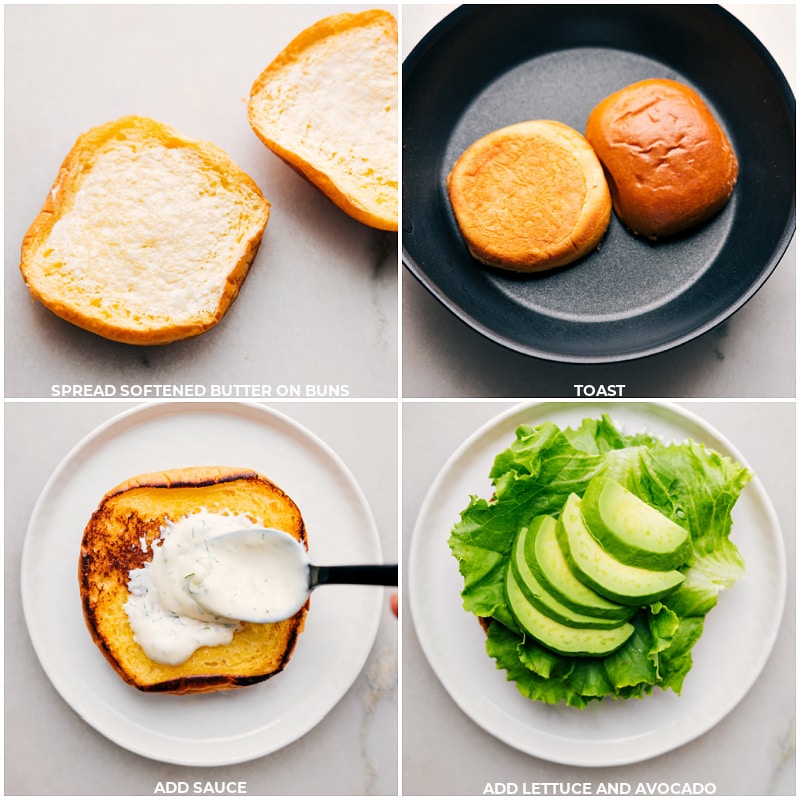 Process shots: Spread butter on buns and toast; add sauce, lettuce and avocado.