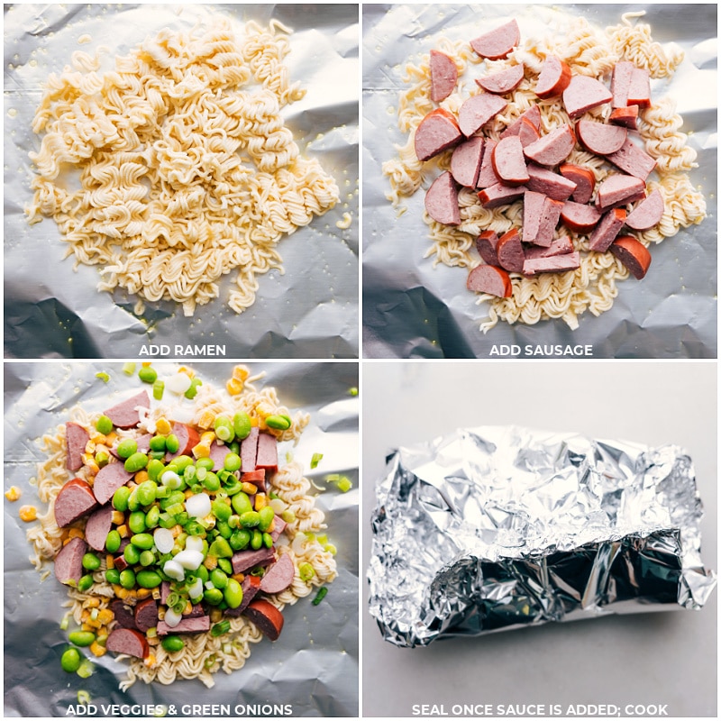 Process shots-- images of the ramen, sausage, veggies, and green onions being added to foil and it all being wrapped up