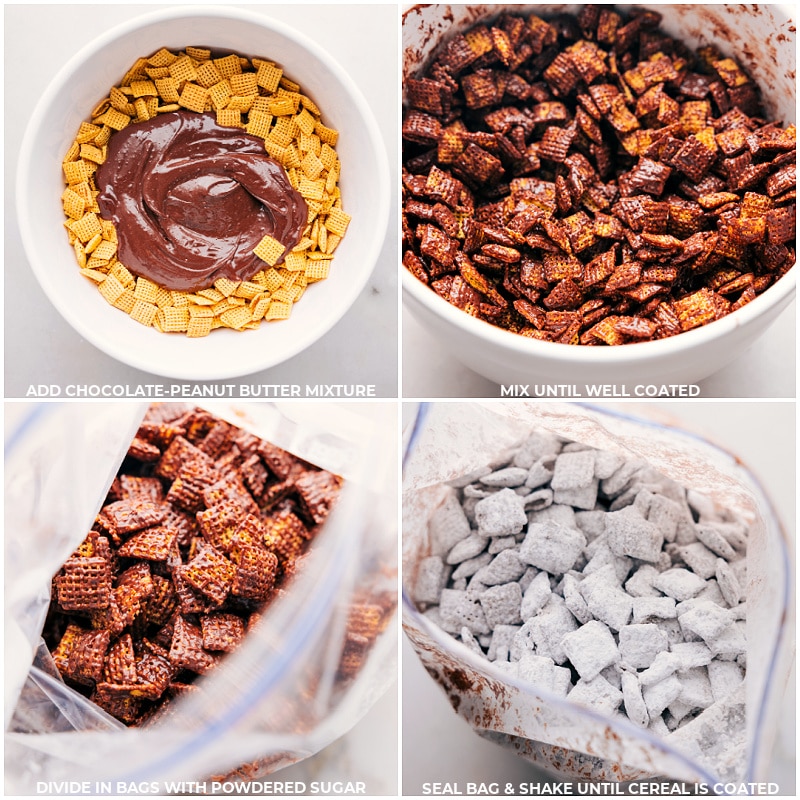 Making of Fall Muddy Buddies: chocolate mixture being poured over cereal, thorough mixing, division into bags, addition of powdered sugar, and the final energetic shaking for a well-coated, delicious treat.