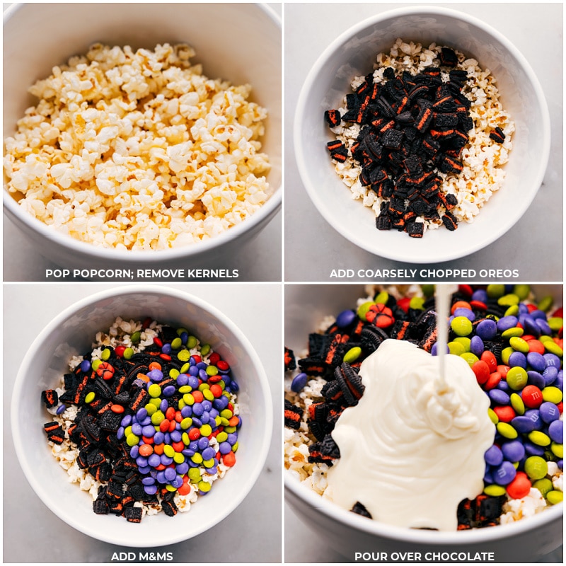 Process shots: Pop popcorn and remove unpopped kernels; add chopped cookies and candies; pour melted white chocolate over top.