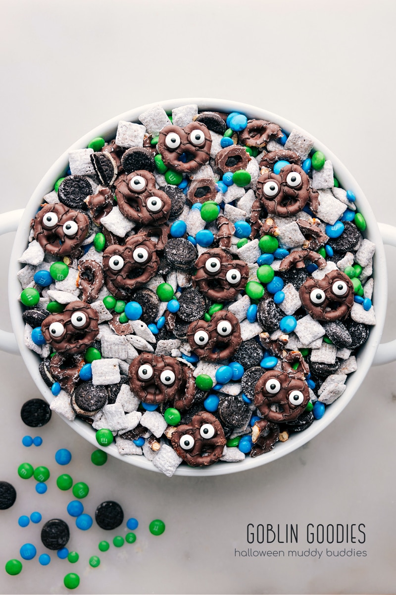 Overhead view of a bowl of Goblin Goodies (halloween muddy buddies)