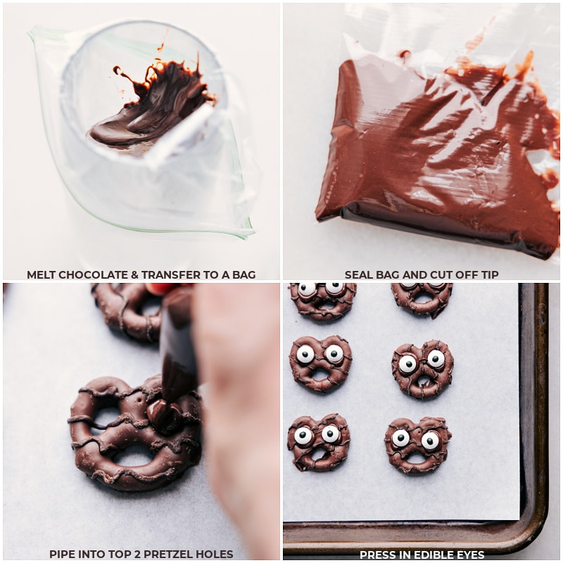 Process shots: Melt chocolate and transfer to a plastic bag; seal and cut tip off the bag; pipe chocolate onto the pretzels; add edible eyes.